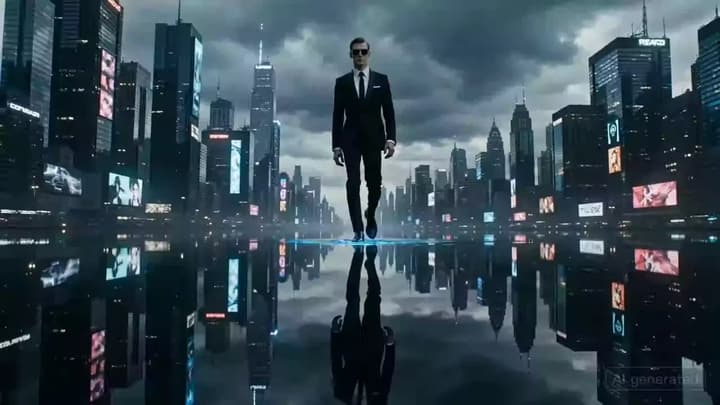 Male model walking in a cyberpunk city