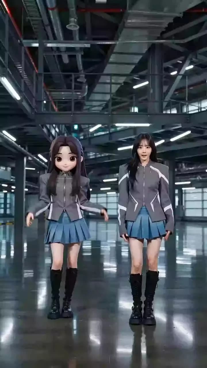 Live-action and cartoon character dancing together