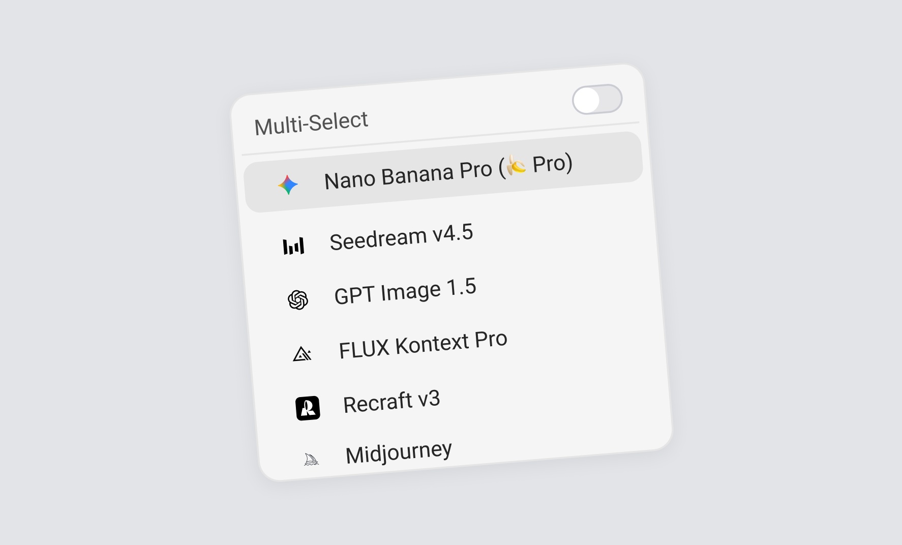 Model selector showing Nano Banana Pro, Seedream, GPT Image, FLUX, Recraft, Midjourney