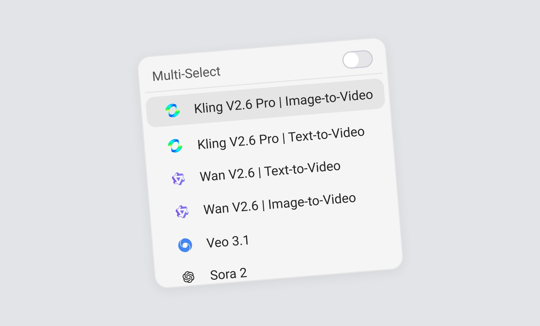 Model selector showing Veo, Kling, Sora options